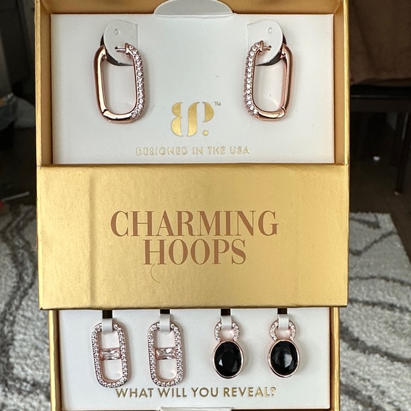 BP Rose Gold Plated Hoops with Black Onyx and Diamond Cubic Zirconia - Picture 1 of 7